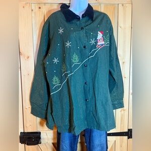 Vtg Bobbie Brooks Green plaid holiday shirt Santa ladies’ size 26W/28W